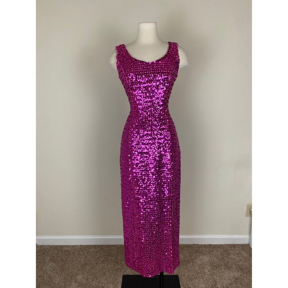 Size Medium | Vintage 60s 1960s Sequined Fuchsia Barbie Pink Bombshell Dress - Picture 2 of 8